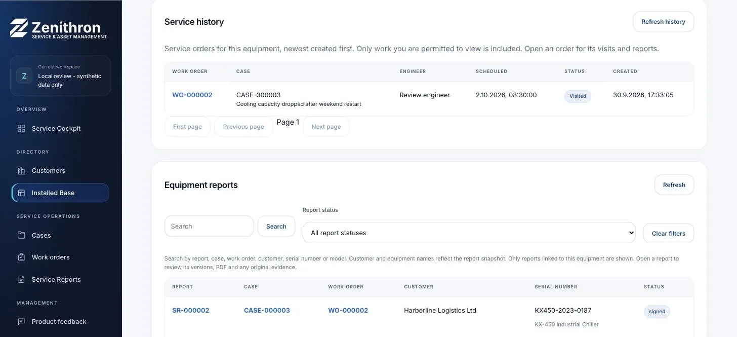 Equipment record with service history and reports