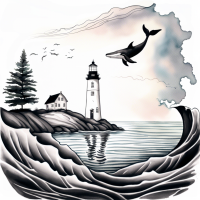Design a black and white chest tattoo of rolling hills with a lighthouse along the left side on a coastline with a maple tree reflecting in the water. A humpback whale under is under the water swimming toward the surface 