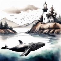Design a black and white chest tattoo of rolling hills with a lighthouse along the left side on a coastline with a maple tree reflecting in the water. A humpback whale under is under the water swimming toward the surface 