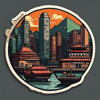  unique retro-style illustration sticker with a touch of Hong Kong-inspired aesthetics. The illustration should focus on architecture and feature a dark color palette resembling oil paintings. I prefer a simple composition that captures the essence of Hong Kong's unique atmosphere without being overly complex or cluttered. Please design a character or scene that embodies the retro vibe, with a preference for muted and deep colors. The artwork should exude a nostalgic charm while incorporating the simplicity of classic oil paintings. 