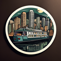  in round shape. unique retro-style illustration sticker with a touch of Hong Kong-inspired aesthetics. The illustration should focus on architecture and feature a dark color palette resembling oil paintings. I prefer a simple composition that captures the essence of Hong Kong's unique atmosphere without being overly complex or cluttered. Please design a character or scene that embodies the retro vibe, with a preference for muted and deep colors. The artwork should exude a nostalgic charm while incorporating the simplicity of classic oil paintings. 