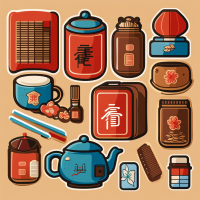 create a Hong Kong-inspired sticker with a nostalgic vibe, featuring small item illustrations. The color scheme should predominantly include shades of brown and blue. Please design illustrations of small items that are reminiscent of Hong Kong's unique culture and style, utilizing the warm tones of brown and red to create a visually appealing composition. The focus should be on capturing the essence of Hong Kong's atmosphere through these small, meaningful objects. 