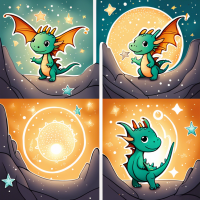 To create an illustration:  Zodiac: Dragon Four-panel illustration Cute style, stick figures  Panel 1: In the center of the scene is an adorable baby dragon joyfully spreading its wings, curiously gazing at a sparkling pearl. You can add some stars and clouds to give the illustration a fairy-tale vibe.  Panel 2: The little dragon discovers a mysterious cave, crouching at the entrance with its head poking in, looking curious. You can add some magical symbols and patterns around the cave to make the scene more mysterious and intriguing.  Panel 3: Bravely, the little dragon ventures into the cave and discovers a treasure trove with gold and silver jewels, ancient books, and mystical magical items. The dragon looks pleasantly surprised, and you can add glowing effects to highlight the value of the treasure.  Panel 4: The dragon brings back some of the treasures, now surrounded by gold and silver wealth, wearing a satisfied and happy expression. You can add fireworks and celebratory elements in the background, symbolizing the dragon's luck and prosperity.