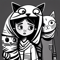 Carton people, only black and white, monochrome portrait, brief strokes, Malay girl with hijab, look surprised, with cat