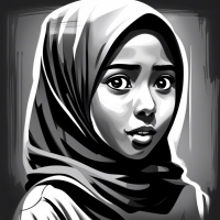 Carton people, only black and white, monochrome portrait, brief strokes, Malay girl with hijab, look surprised